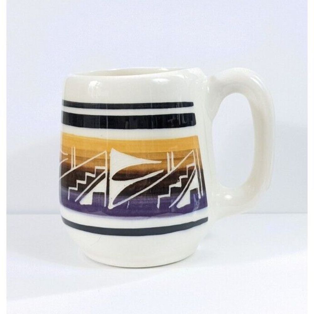 Mesa Verde Pottery Mug - Signed Silas Navajo Purple And Yellow
